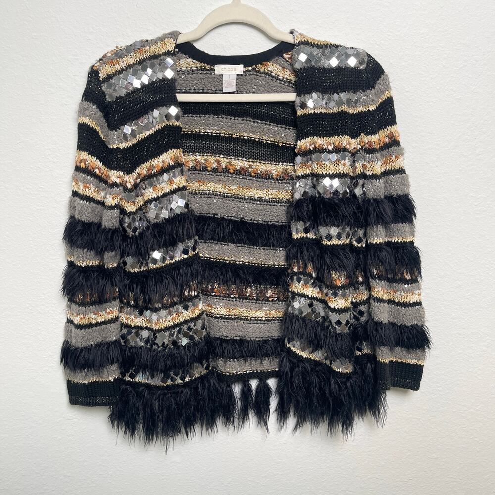 Chico’s Embellished Fringe Cardigan Sweater Size 1 Medium Wool Blend Open Front